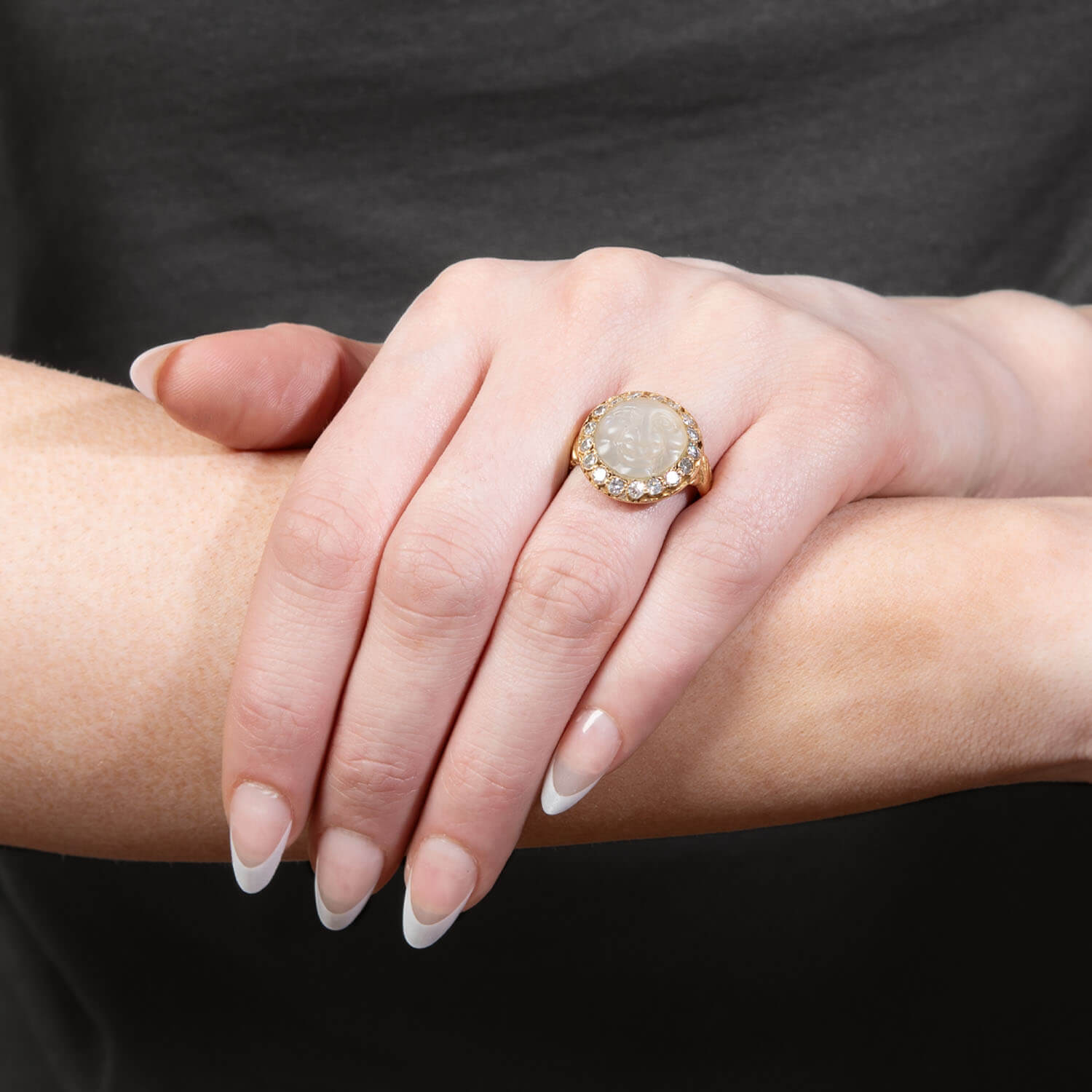 Edwardian 18k Moonstone and Diamond Man In The Moon Ring