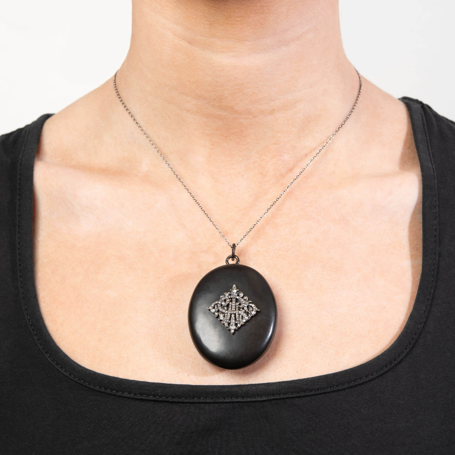 Victorian Sterling Silver Gutta Percha Diamond Locket Pendant