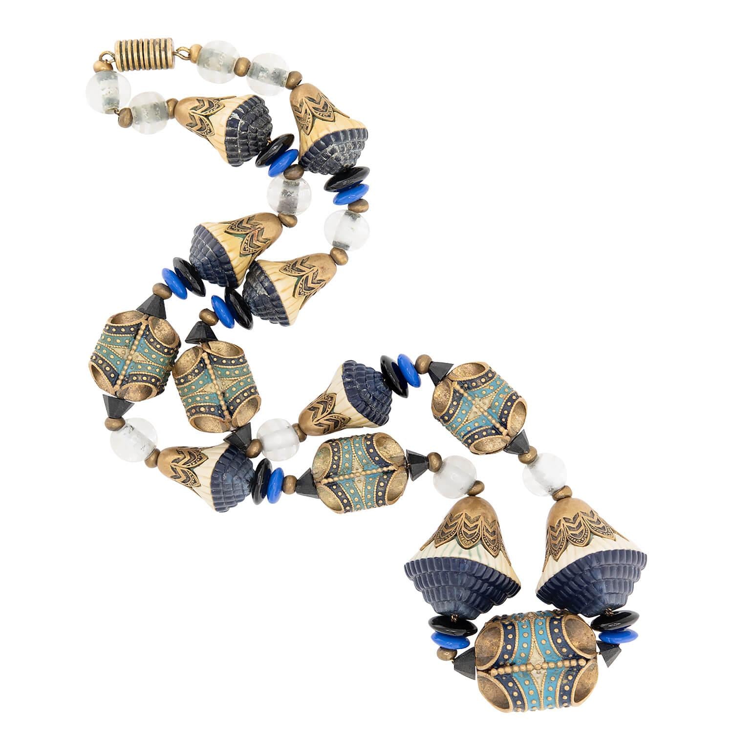 LOUIS ROUSSELET Vintage French Brass, Enamel, Crystal, and Glass Necklace