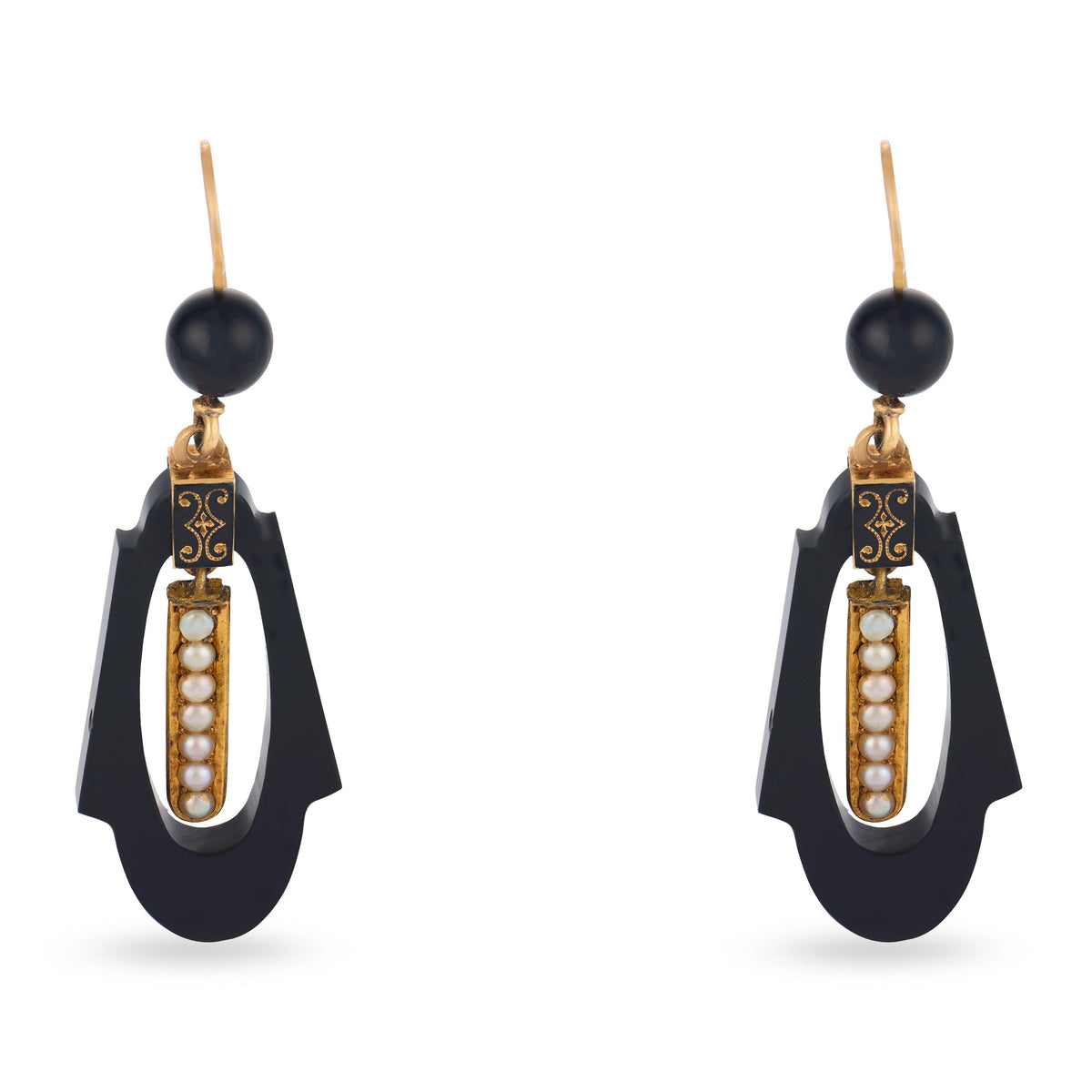 Victorian 14k Onyx, Pearl, & Enamel Dangle Earrings