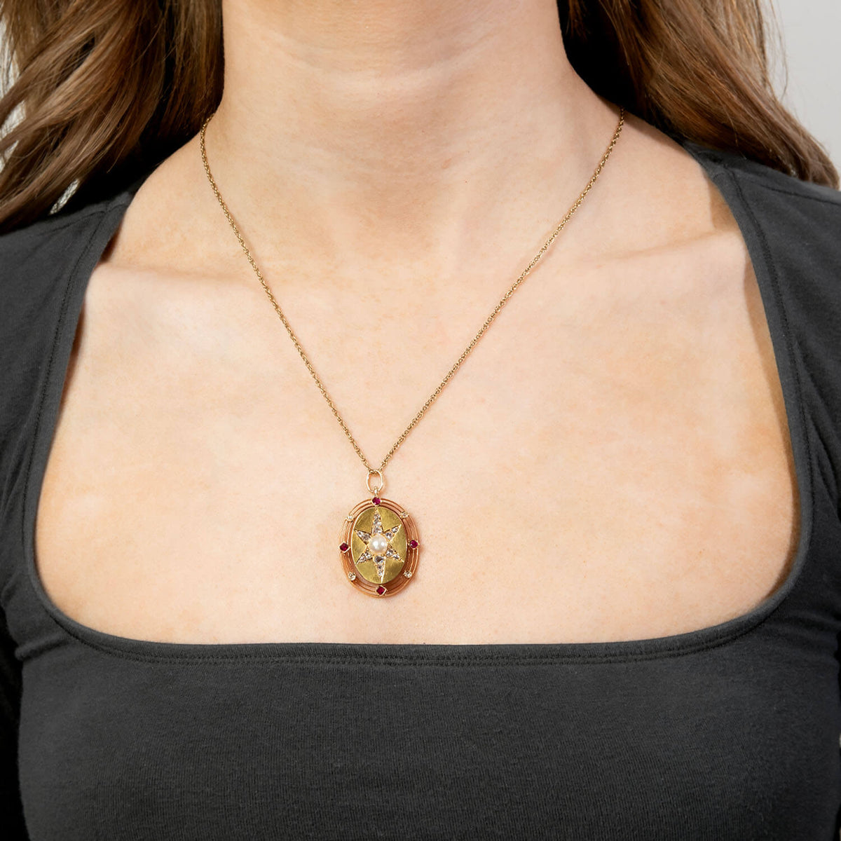 Victorian 14k Diamond, Ruby & Pearl Starburst Pendant