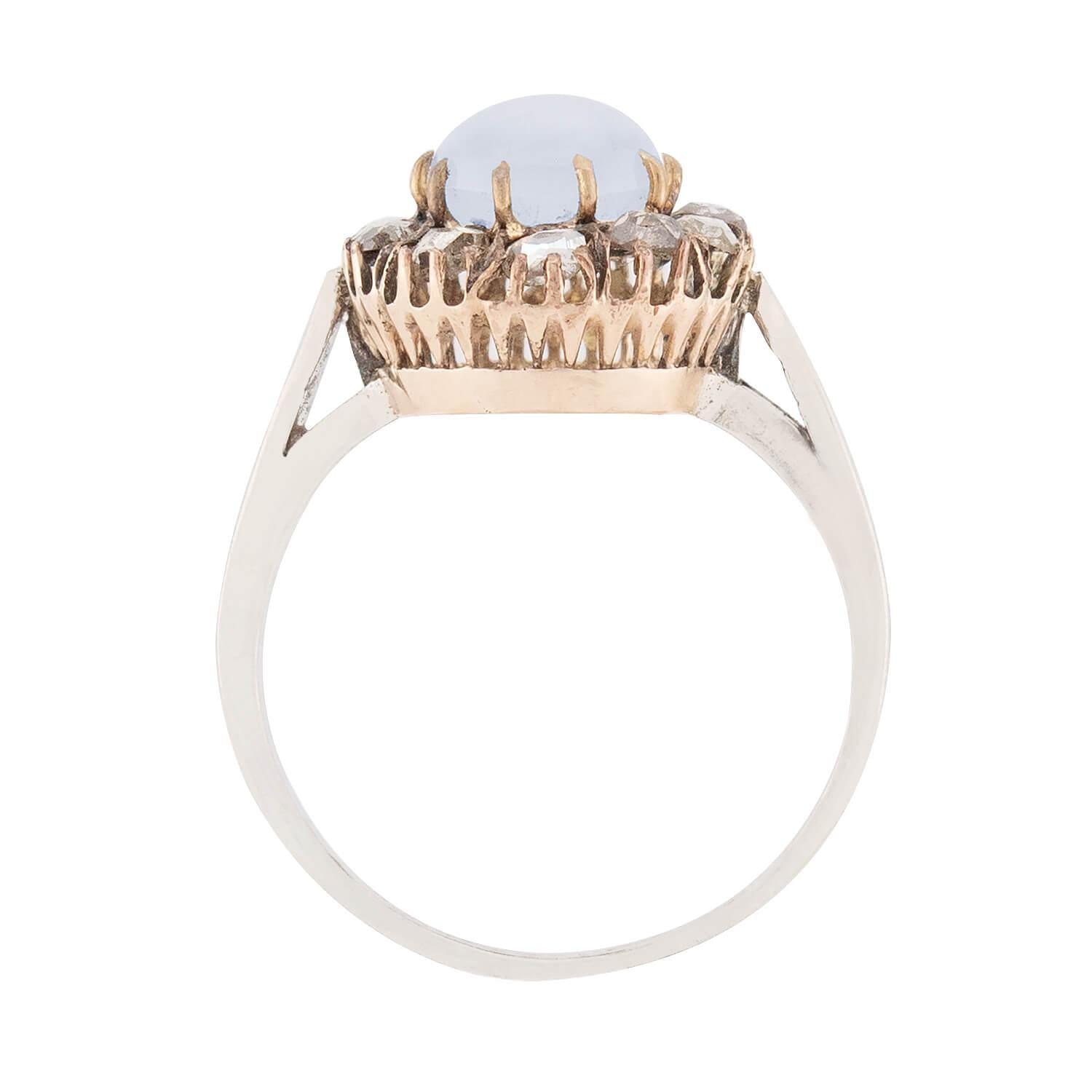 Victorian 14k/Sterling Silver Moonstone and Diamond Halo Ring