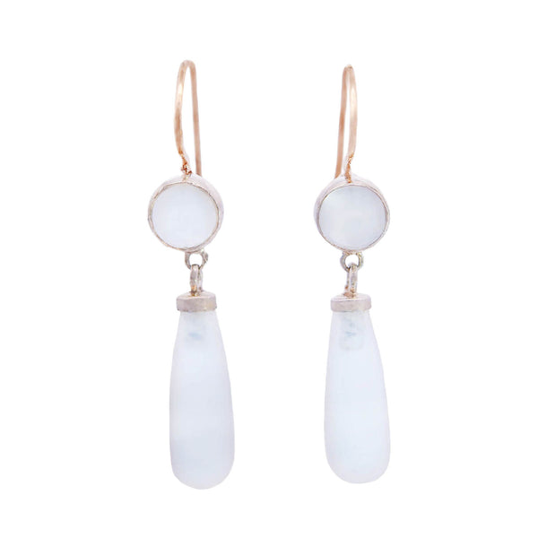 Estate 14k Gold and Silver Moonstone Cabochon Dangle Earrings