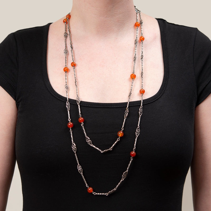 Art Deco Sterling Silver Carnelian Muff Chain
