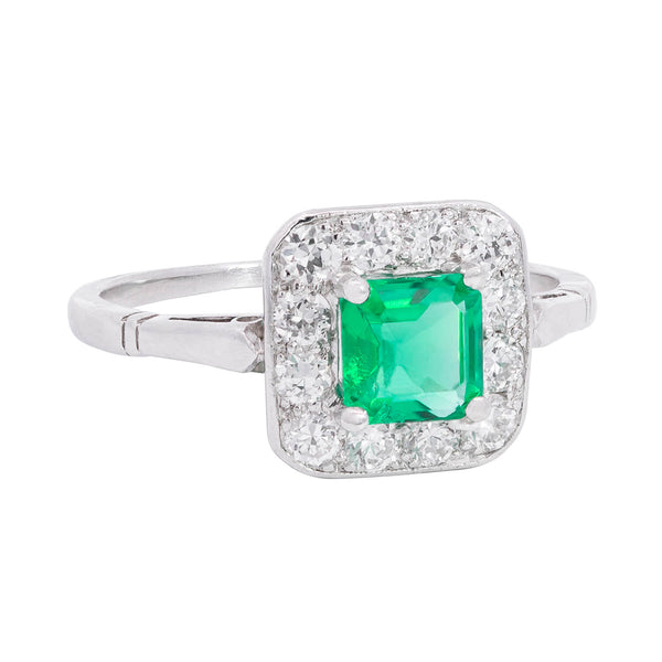 Art Deco Platinum Emerald + Diamond Ring