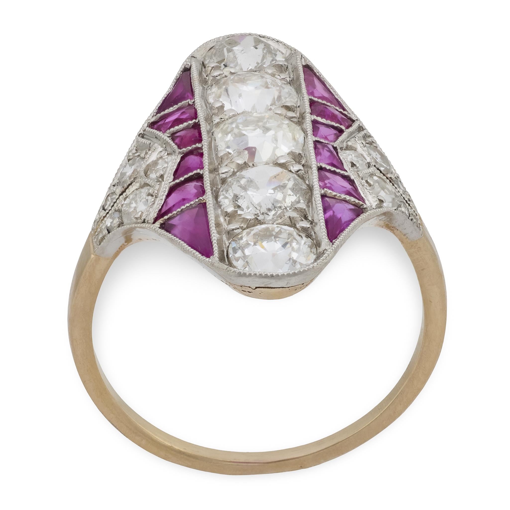 Edwardian 18k/Platinum Ruby & Diamond Navette Ring