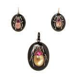 Victorian Jet + Quartz Scarab Pendant and Earrings Set