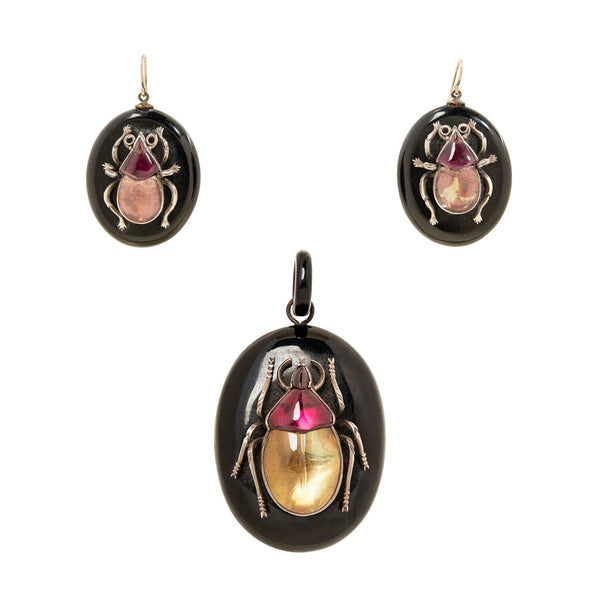 Victorian Jet + Quartz Scarab Pendant and Earrings Set