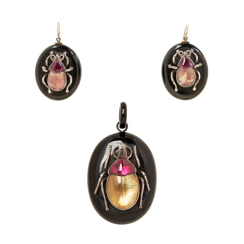 Victorian Jet + Quartz Scarab Pendant and Earrings Set
