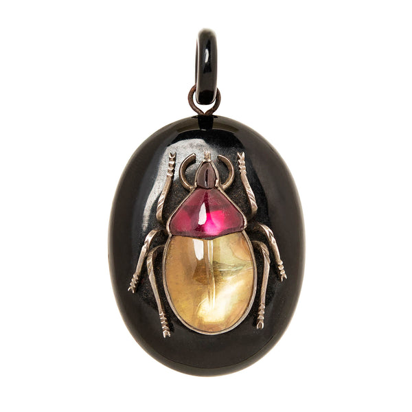 Victorian Jet + Quartz Scarab Pendant and Earrings Set