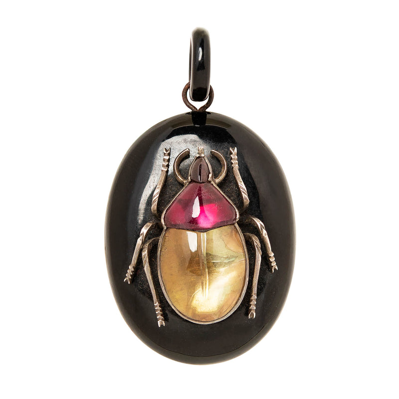 Victorian Jet + Quartz Scarab Pendant and Earrings Set