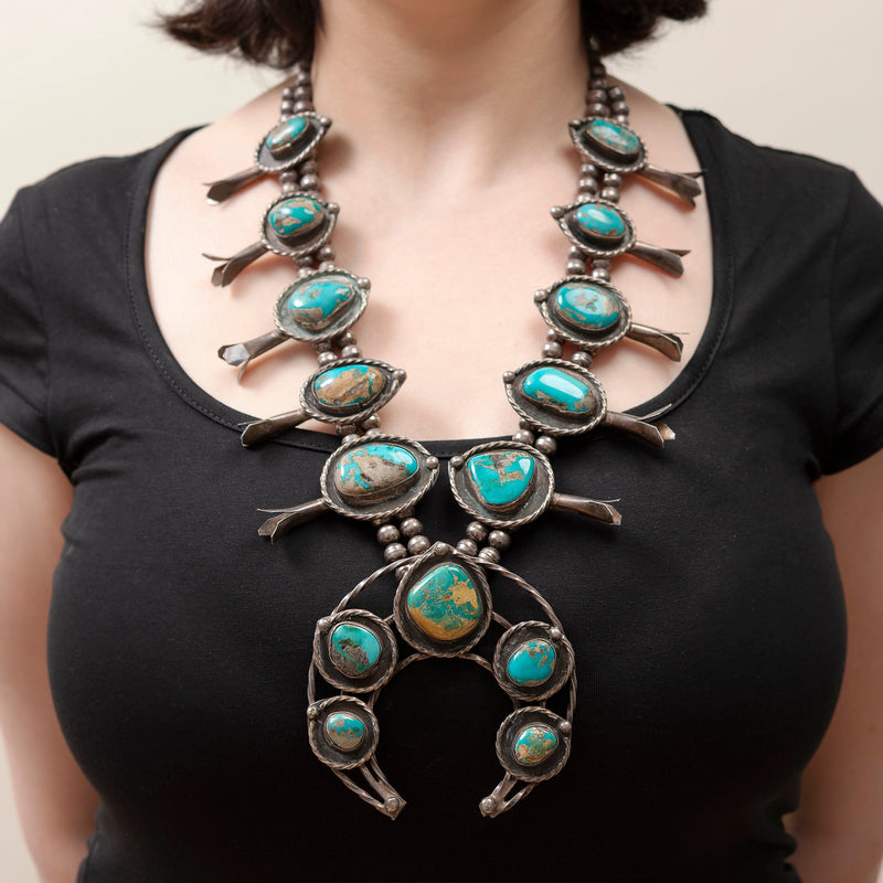 Sold at Auction: VINTAGE NATIVE AMERICAN STERLING SILVER TURQUOISE SQUASH  BLOSSOM NECKLACE