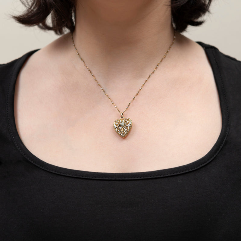 Victorian 14k Enamel + Diamond Heart Locket w/ Seed Pearl Chain