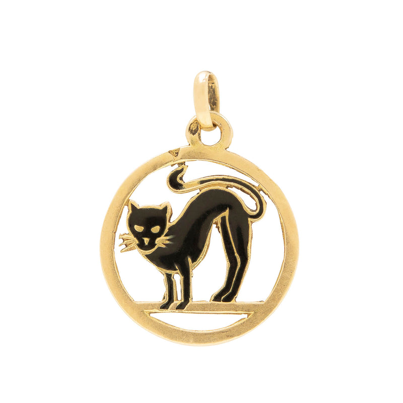 Art Deco French 18k Enamel Black Cat Pendant