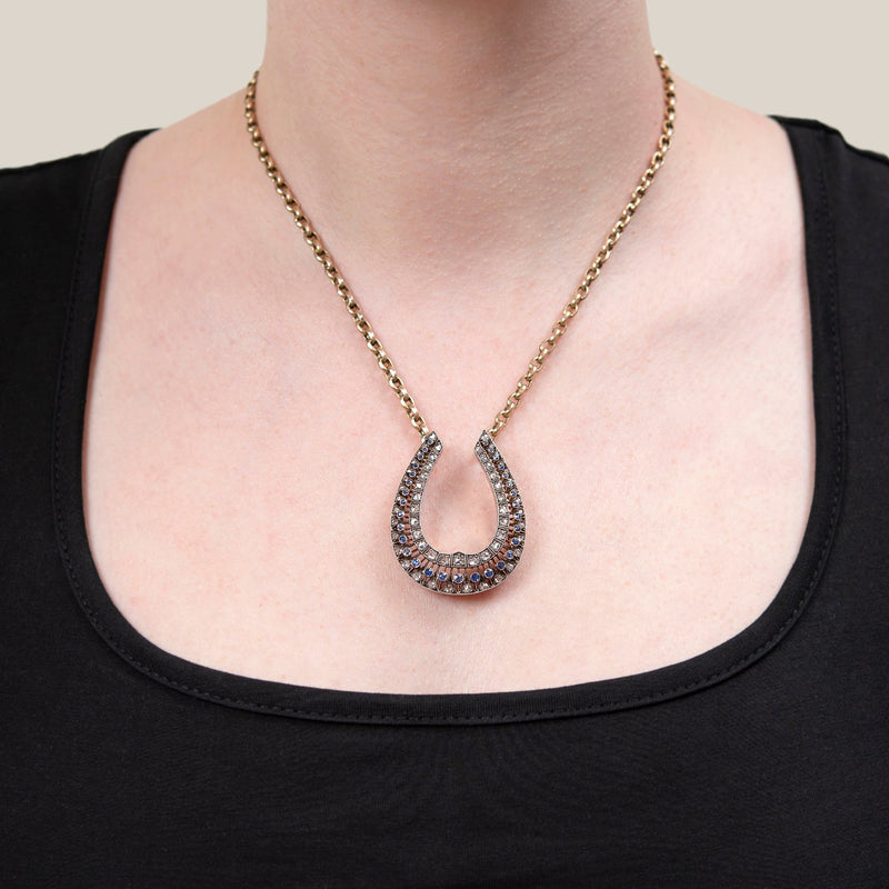 Edwardian 18k/Platinum Sapphire + Rose Cut Diamond Horseshoe Pendant Necklace
