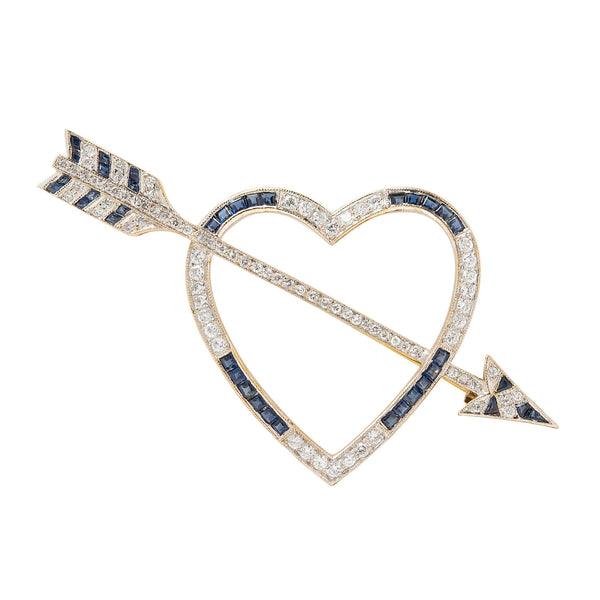 Art Deco 18k/Platinum Diamond Sapphire Heart and Arrow Pin