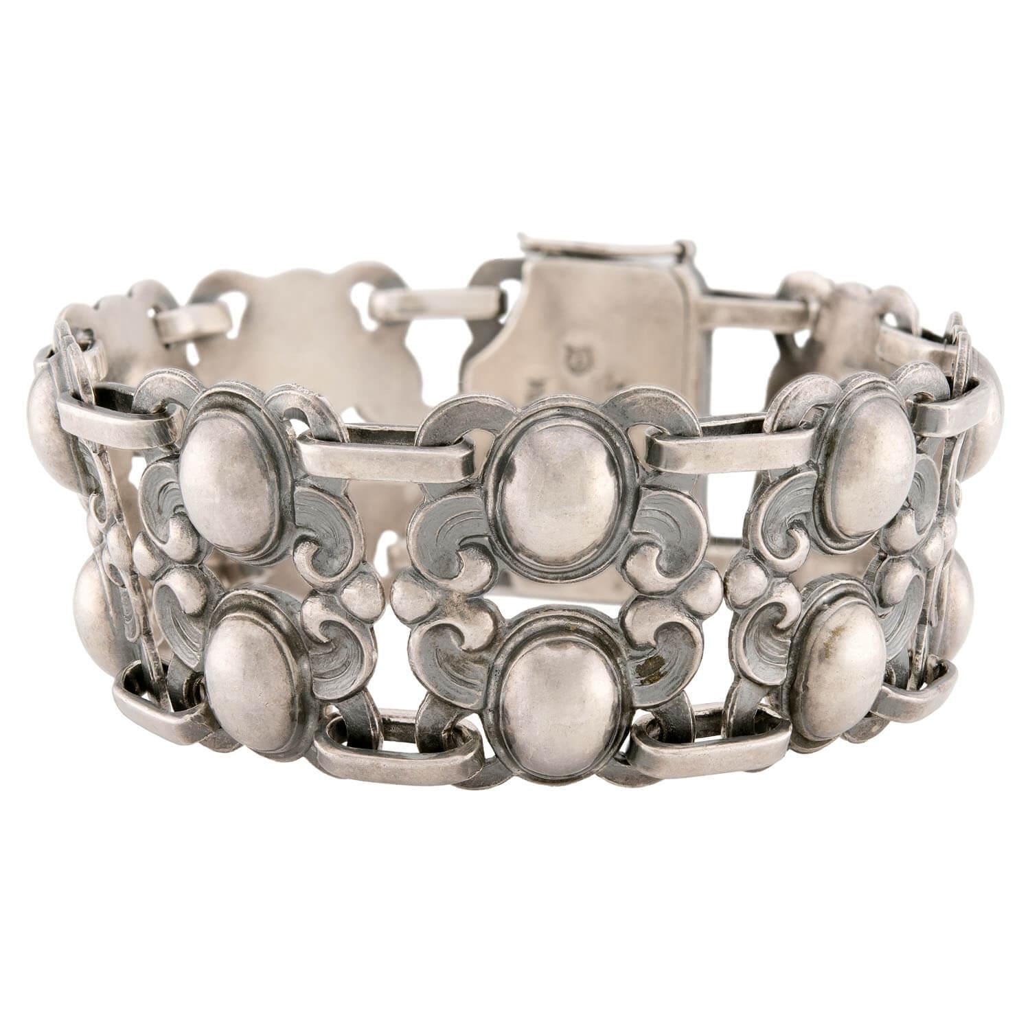 Art Nouveau Danish Sterling Silver Scrolling Motif Link Bracelet