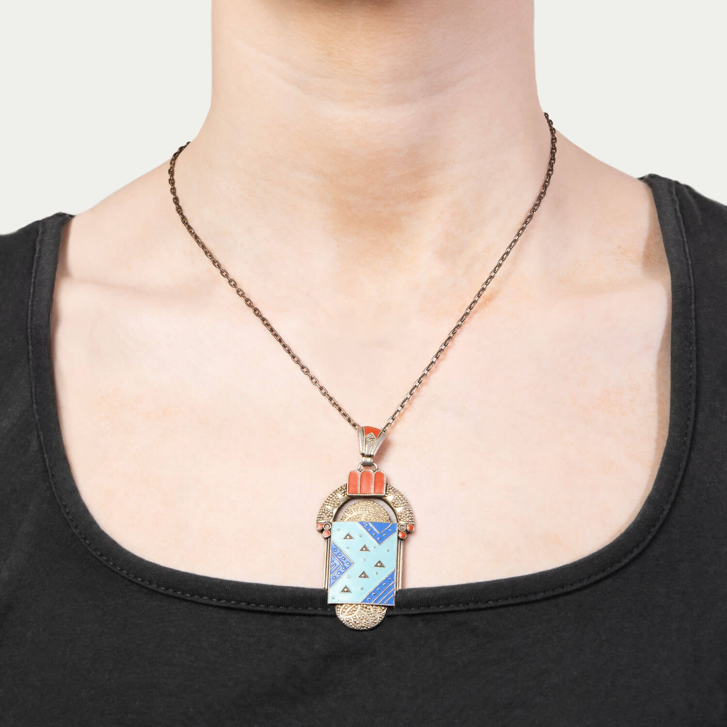 THEODOR FAHRNER-inspired Art Deco Sterling Silver and Enamel Pendant Necklace