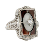 Art Deco 14k White Gold Filagree Black Onyx Center Rose Cut Diamond