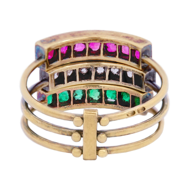 Victorian French 18k/Platinum Harem Emerald, Ruby & Diamond Three Band Ring