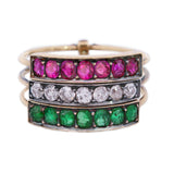 Victorian French 18k/Platinum Harem Emerald, Ruby & Diamond Three Band Ring