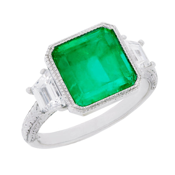 Art Deco Platinum GIA Emerald & Diamond Engagement Ring 3.90ct