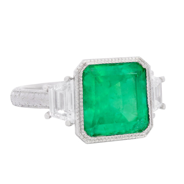 Art Deco Platinum GIA Emerald & Diamond Engagement Ring 3.90ct
