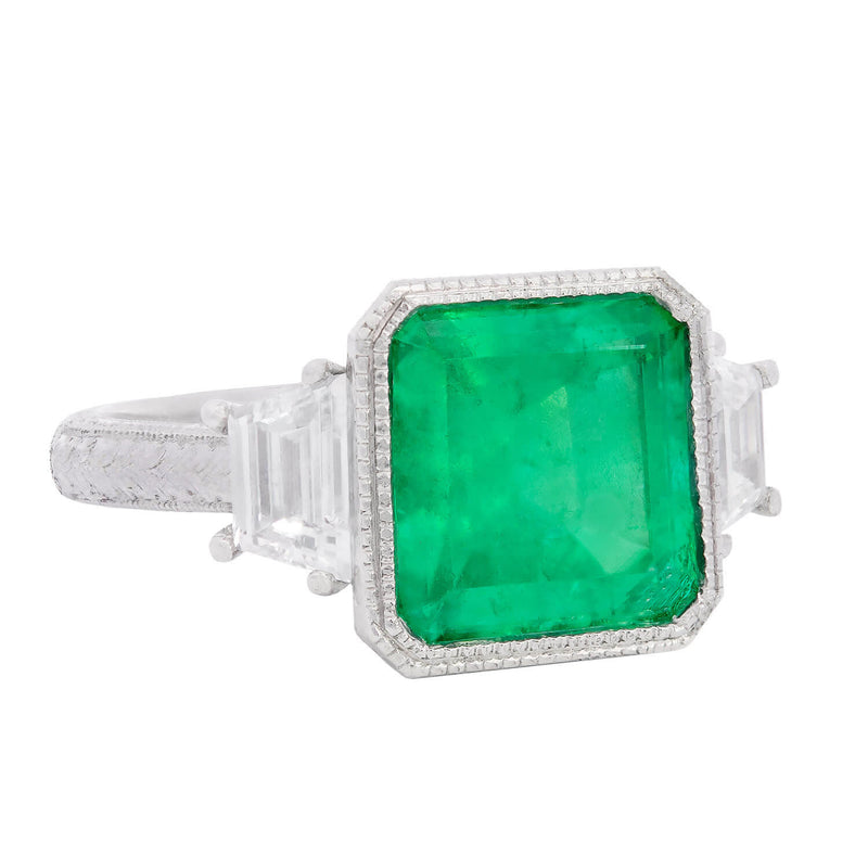 Art Deco Platinum GIA Emerald & Diamond Engagement Ring 3.90ct