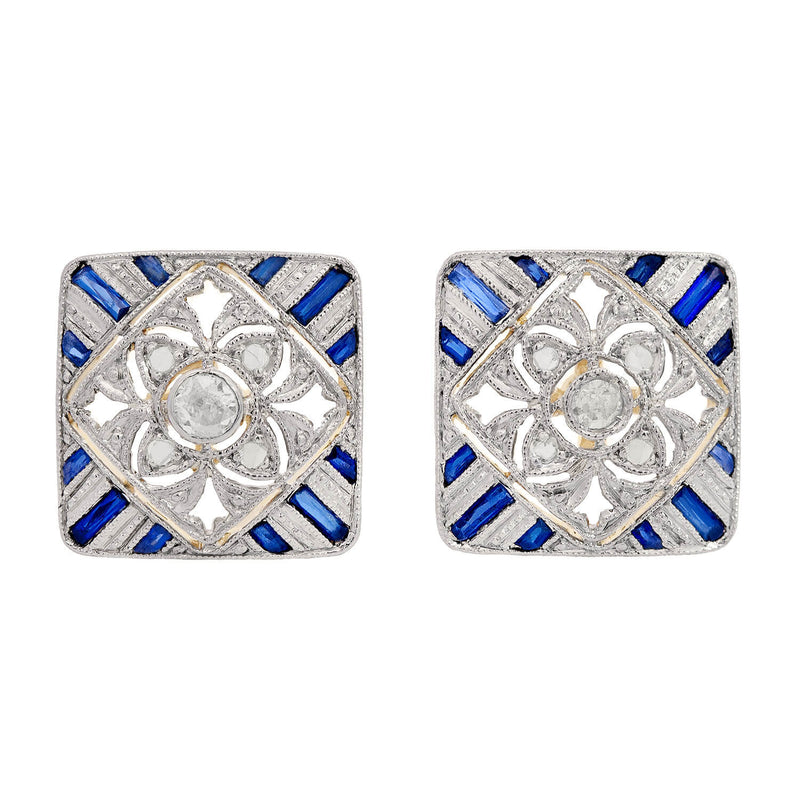Edwardian Platinum/18K Sapphire & Diamond Stud Earrings by A. Brandt + Son