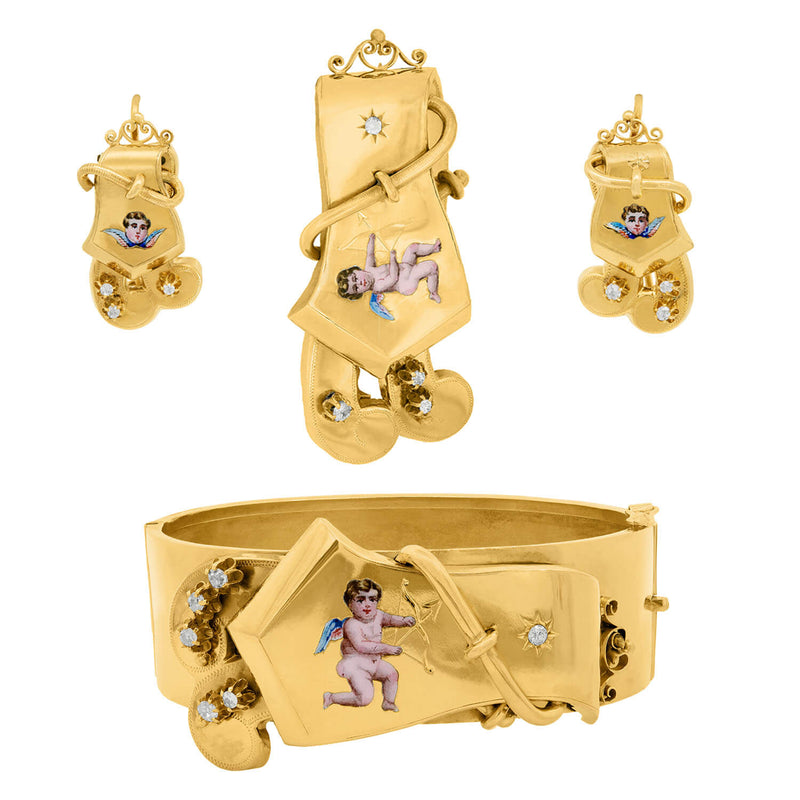 Victorian 14k Cherub Enamel and Diamond Buckle Bracelet + Earring + Brooch Set
