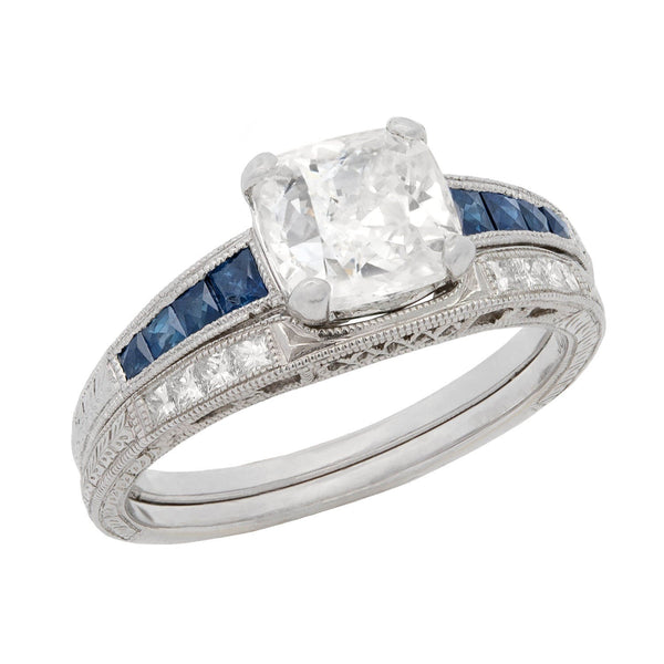 Art Deco Platinum Diamond and Sapphire Engagement + Contoured Band Ring Set 1.53ct