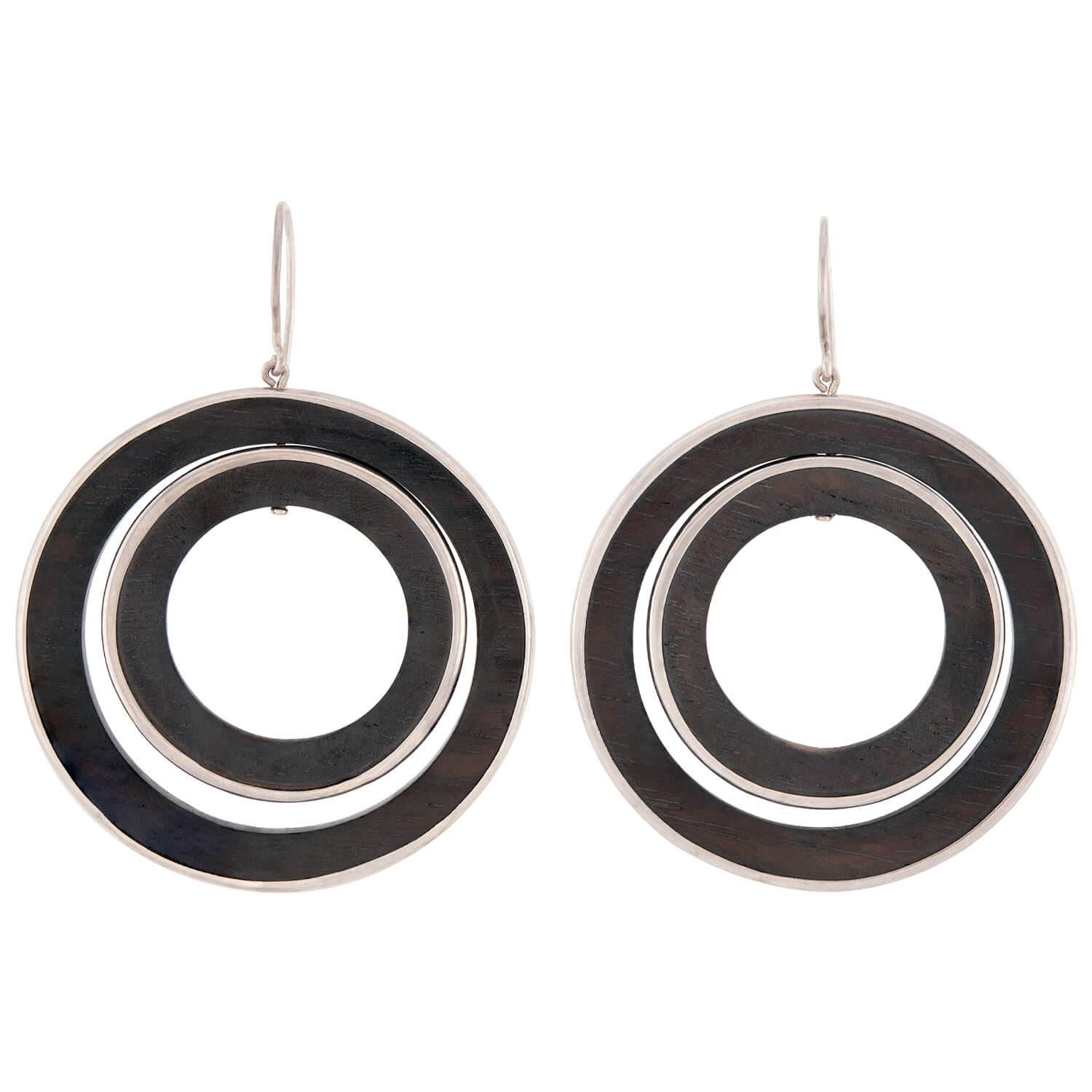 Vintage Sterling Silver & Wood Double Hoop Earrings