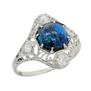 Art Nouveau Platinum Opal and Diamond Filigree Ring