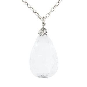 Arts and Crafts Sterling Silver and Rock Quartz Crystal Teardrop Pear Pendant Necklace