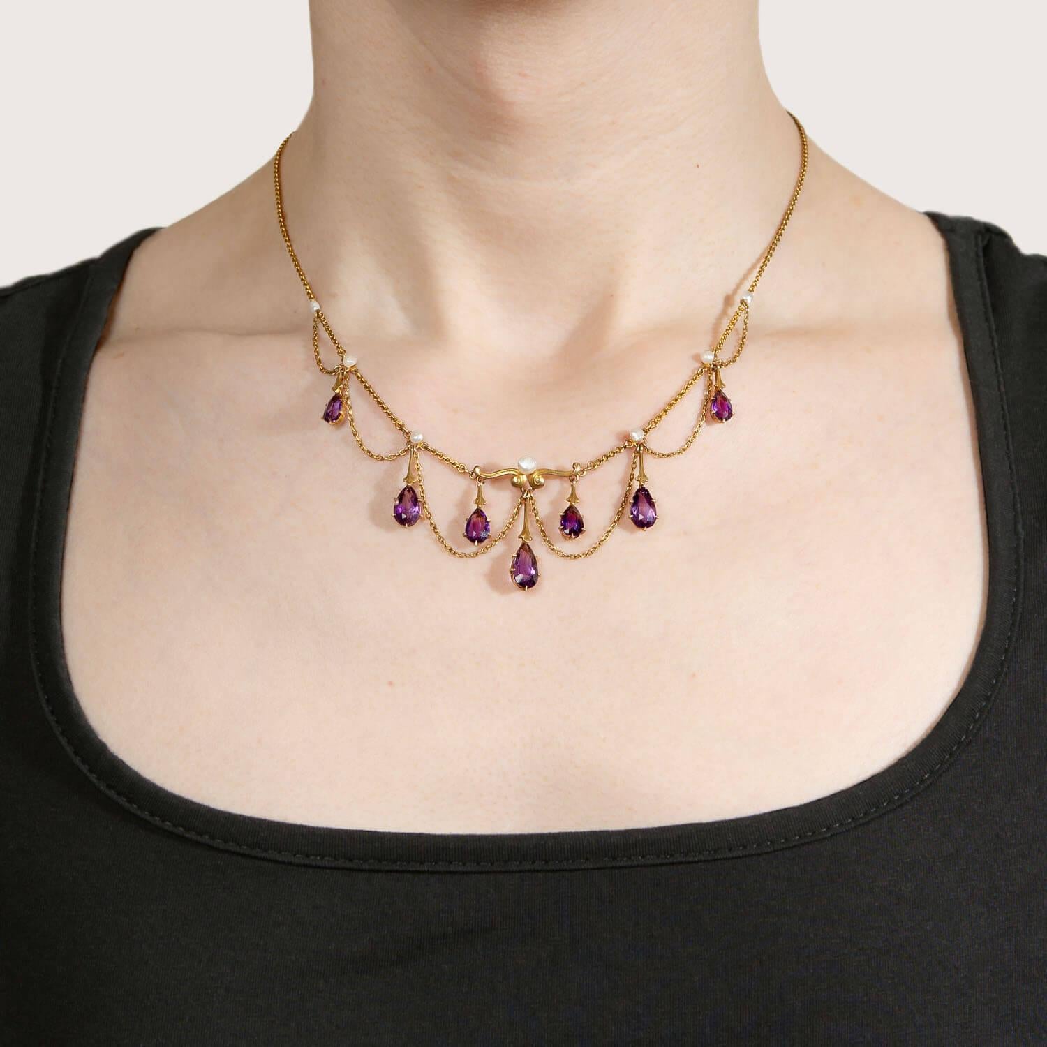 Victorian 14k Amethyst & Pearl Festoon Necklace