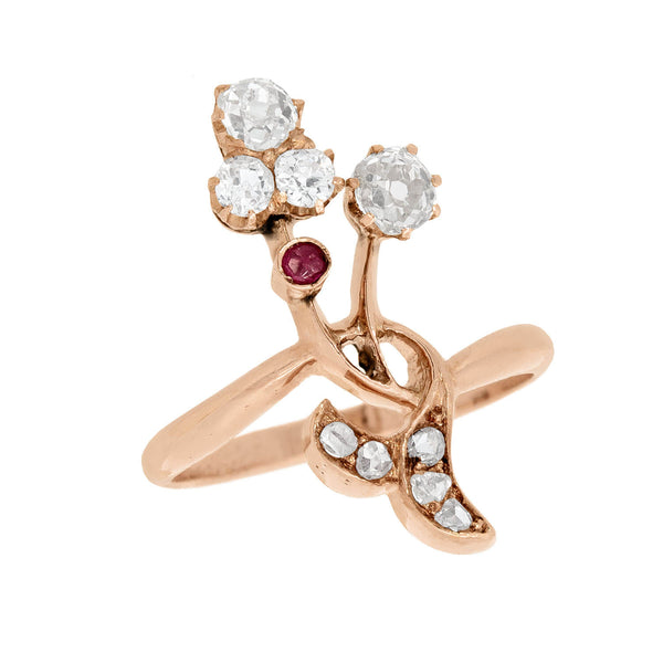 Art Nouveau Imperial Russian 14k Diamond and Ruby Flower Bouquet Ring