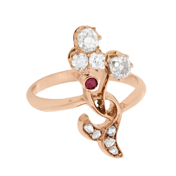 Art Nouveau Imperial Russian 14k Diamond and Ruby Flower Bouquet Ring