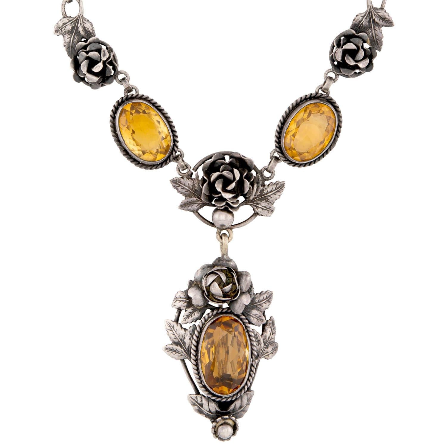 PERUZZI Art Nouveau Sterling Silver Citrine Floral Necklace