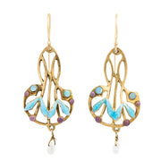 Art Nouveau Silver Gilt Opal and Pearl Enameled Dangle Earrings