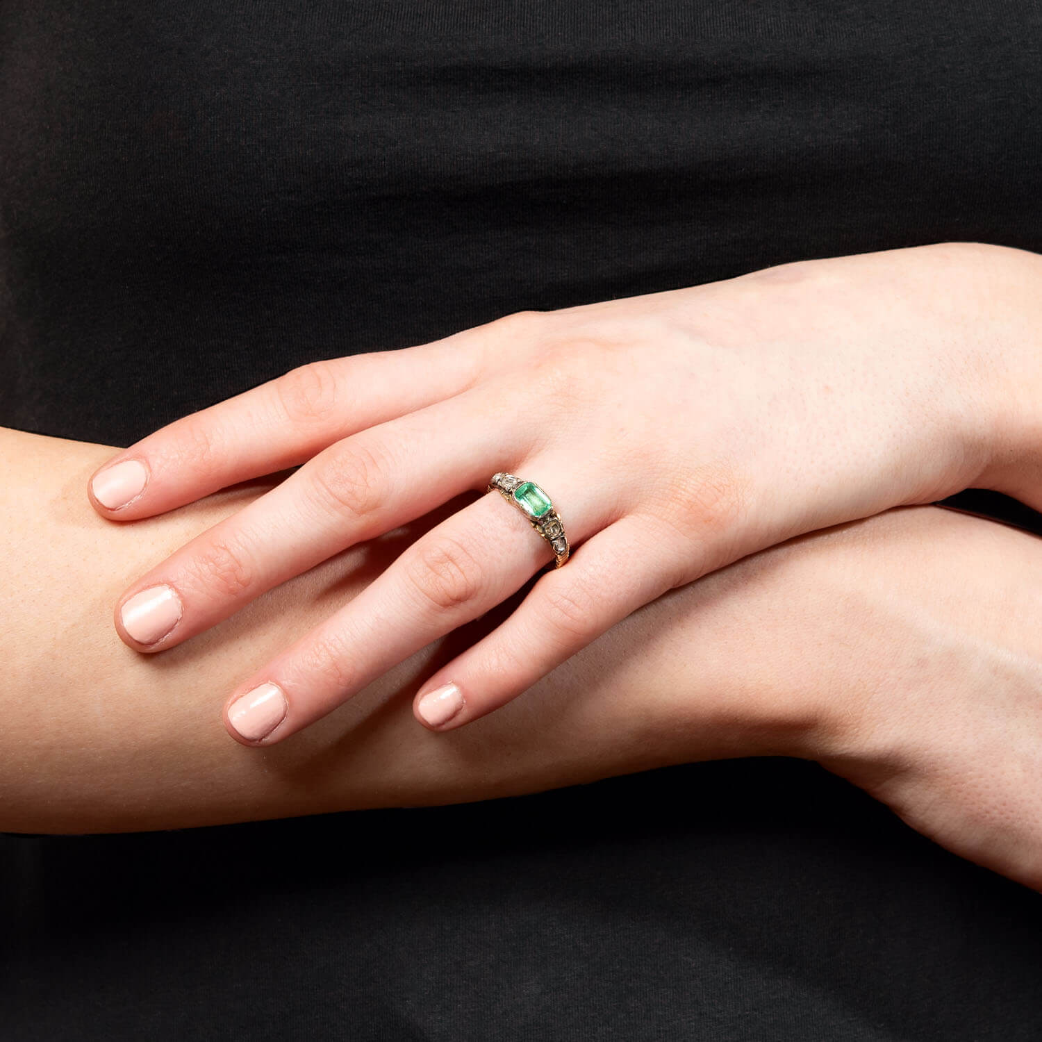 Georgian 18k/Sterling Silver Emerald and Rose Cut Diamond Engagement Ring