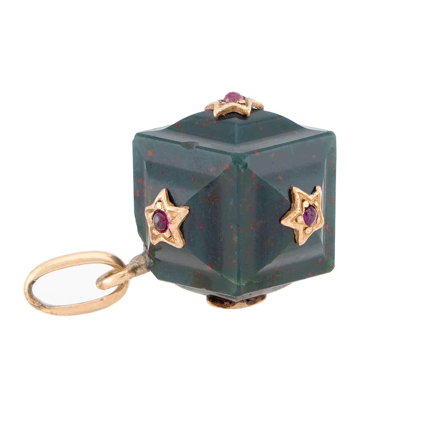 Victorian 14k Bloodstone and Ruby Cube Pendant/Charm