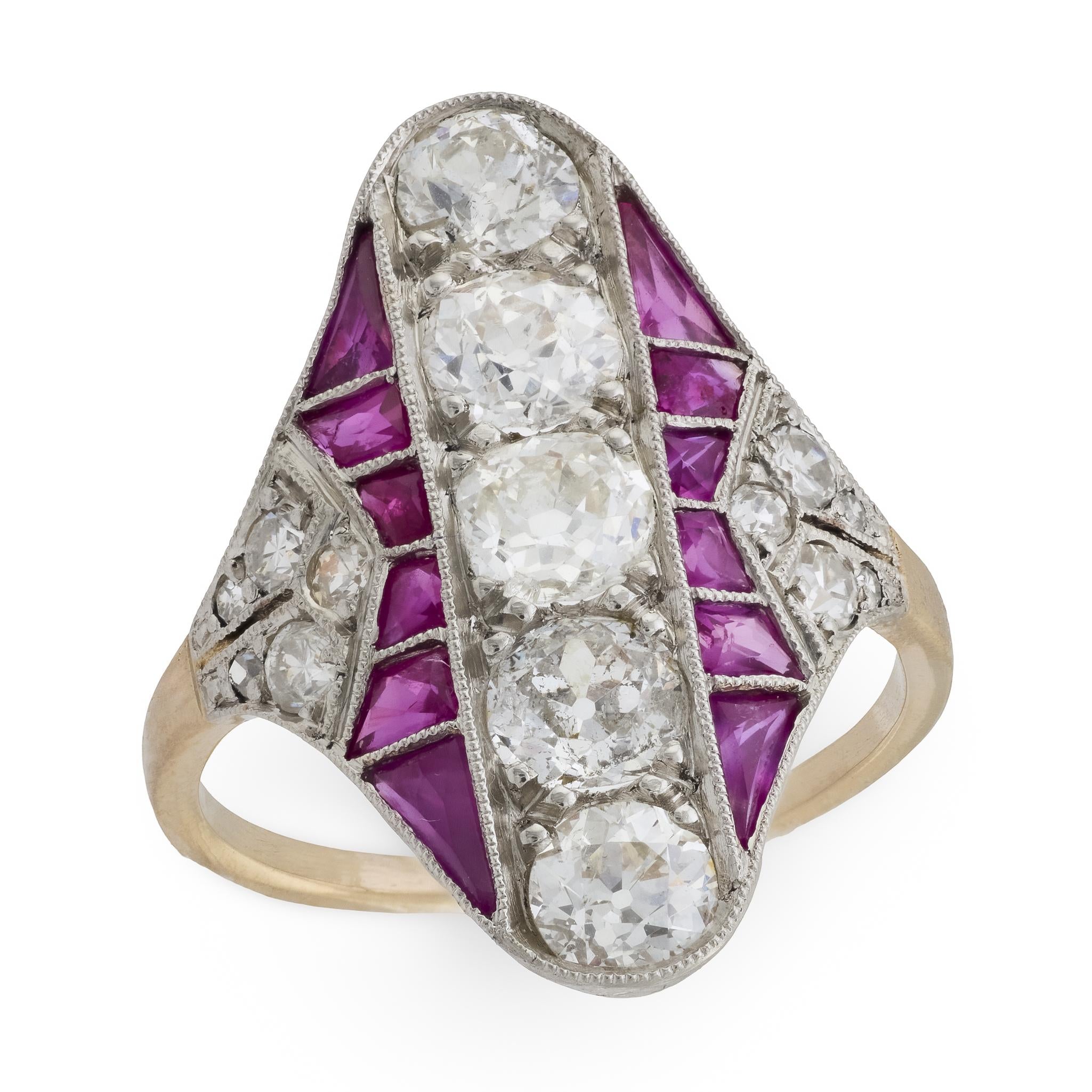 Edwardian 18k/Platinum Ruby & Diamond Navette Ring