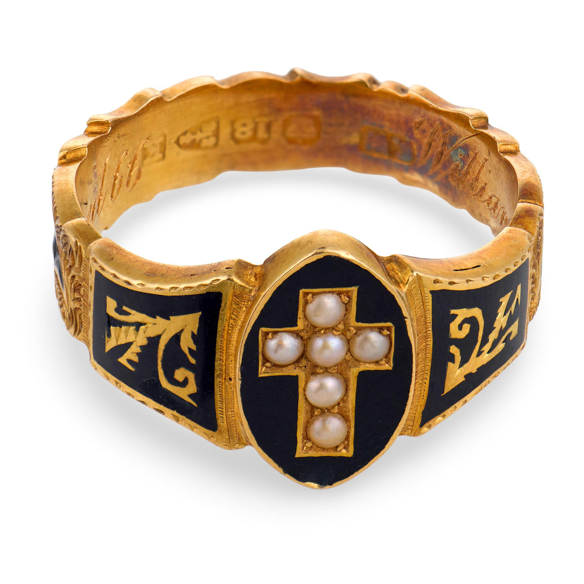 Victorian English 18k Pearl & Enamel Mourning Ring