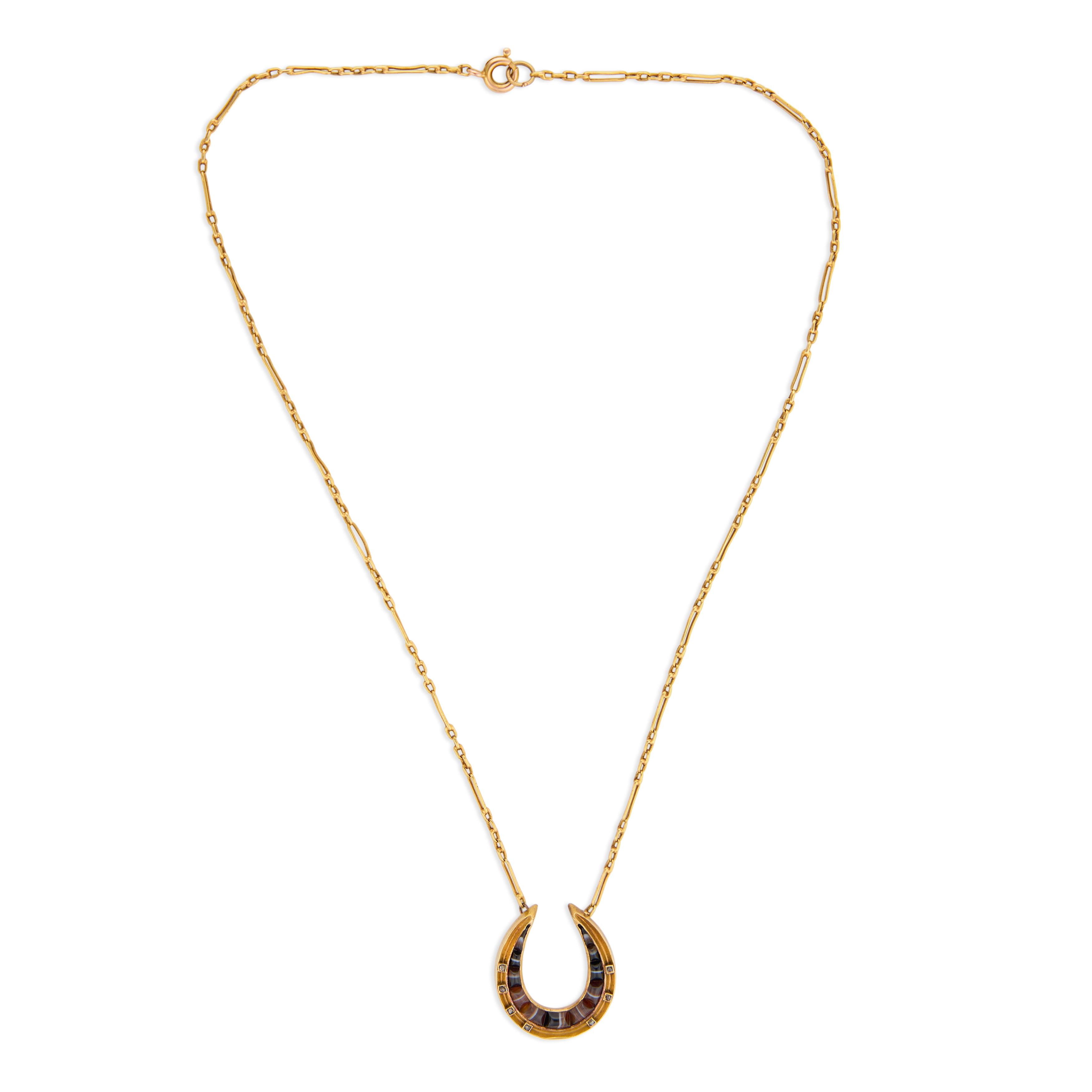 Victorian 18k/14k Agate & Diamond Horseshoe Pendant Necklace