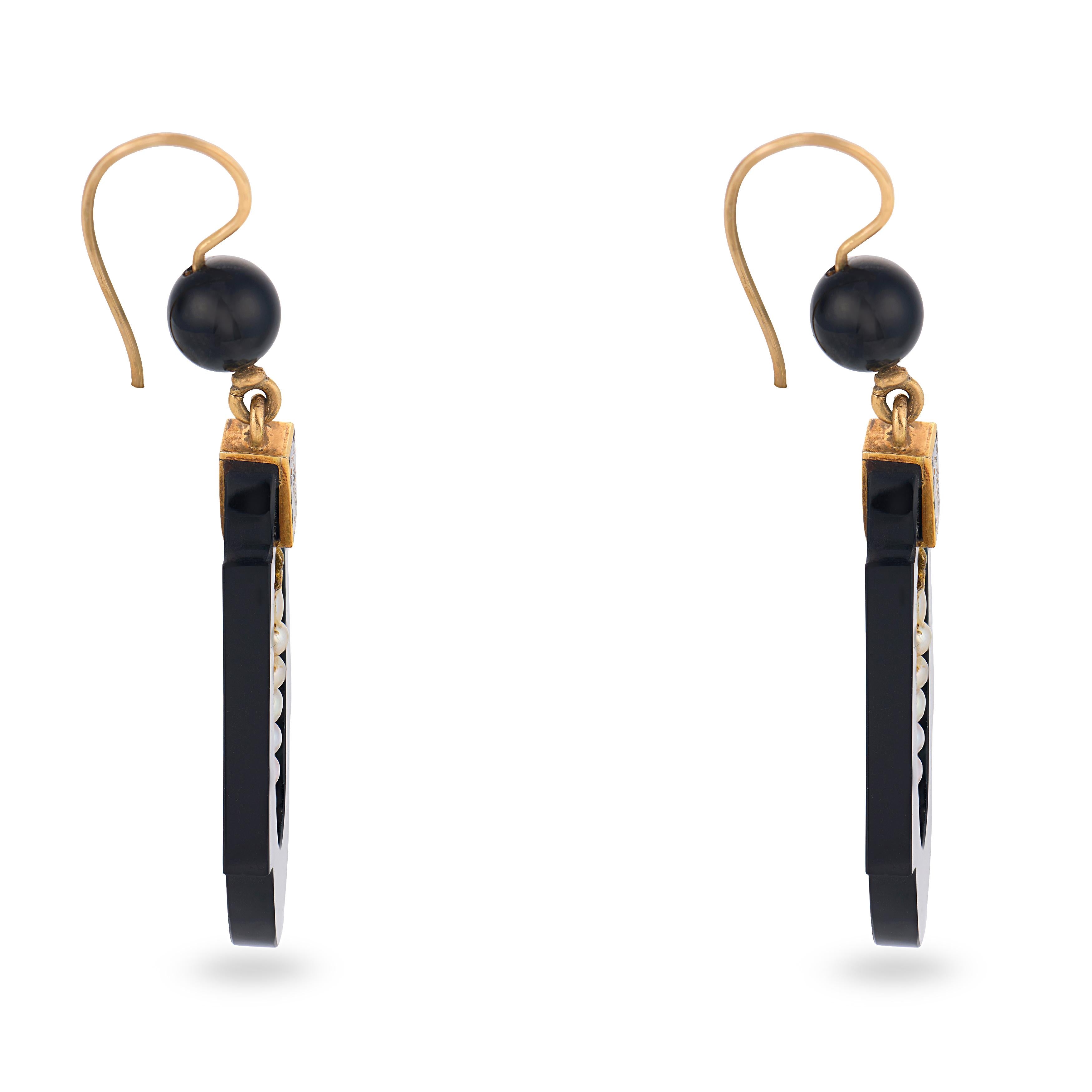 Victorian 14k Onyx, Pearl, & Enamel Dangle Earrings
