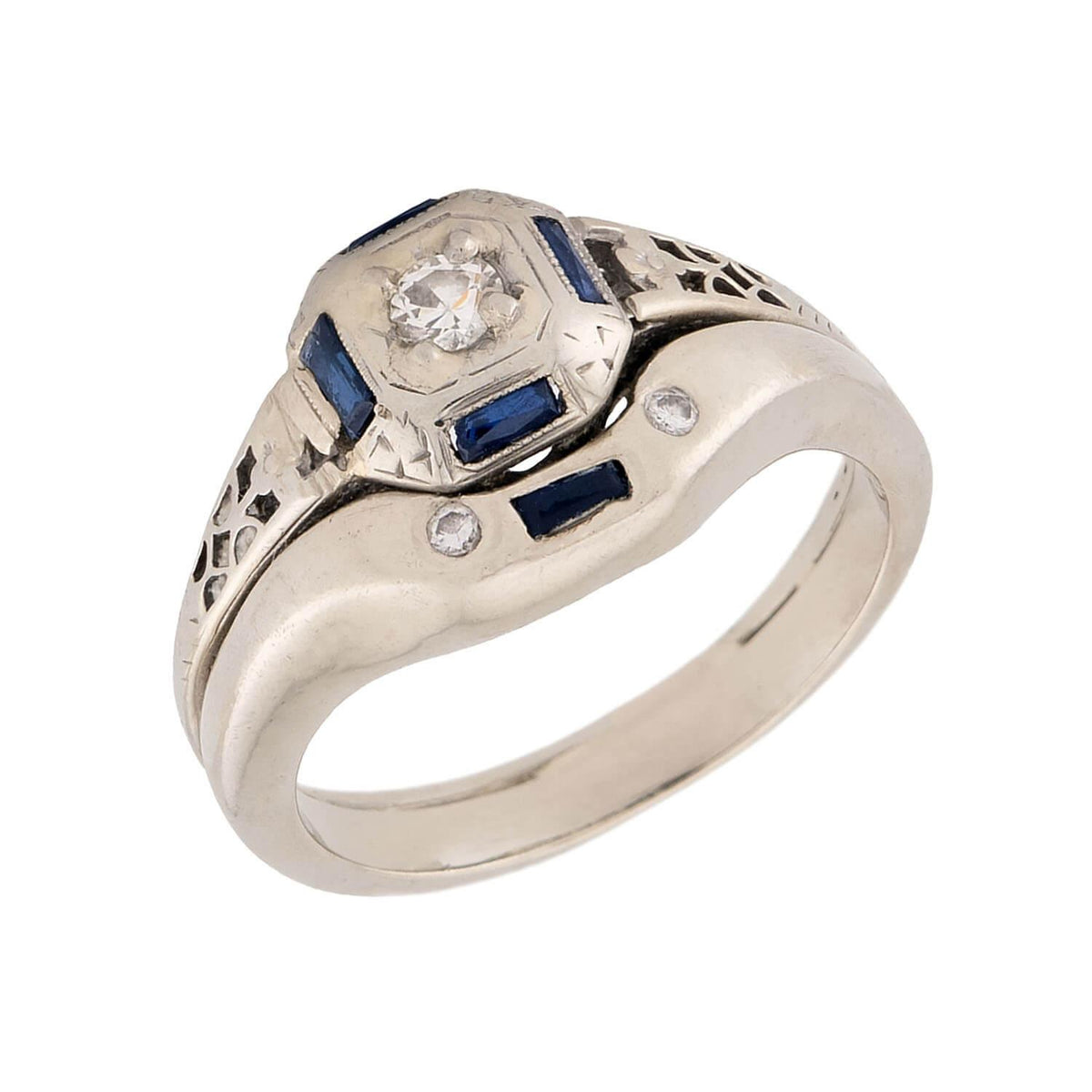 Art Deco 18k Diamond and Sapphire Engagement Ring Set
