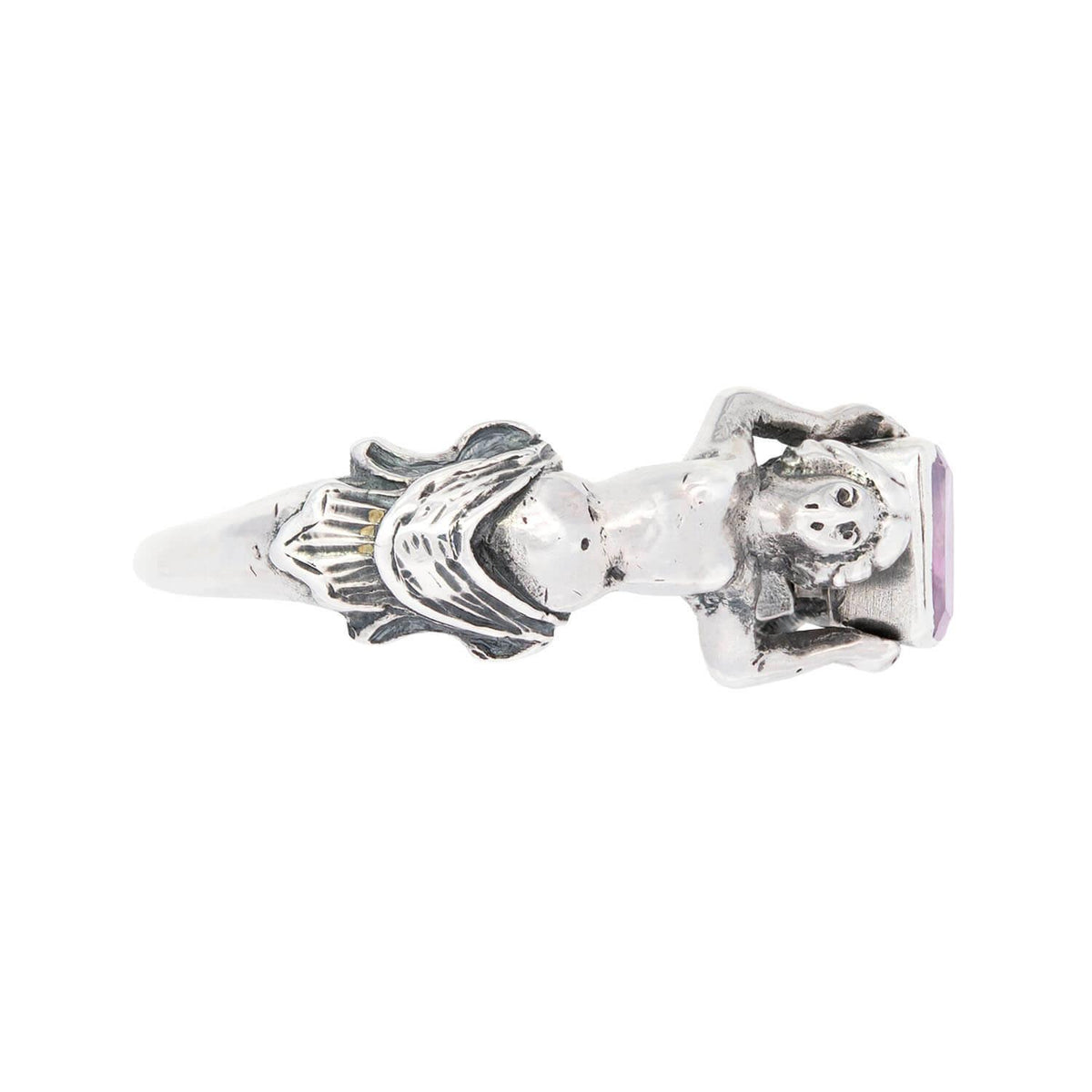 Georgian Silver Figural Women Purple Sapphire Ring