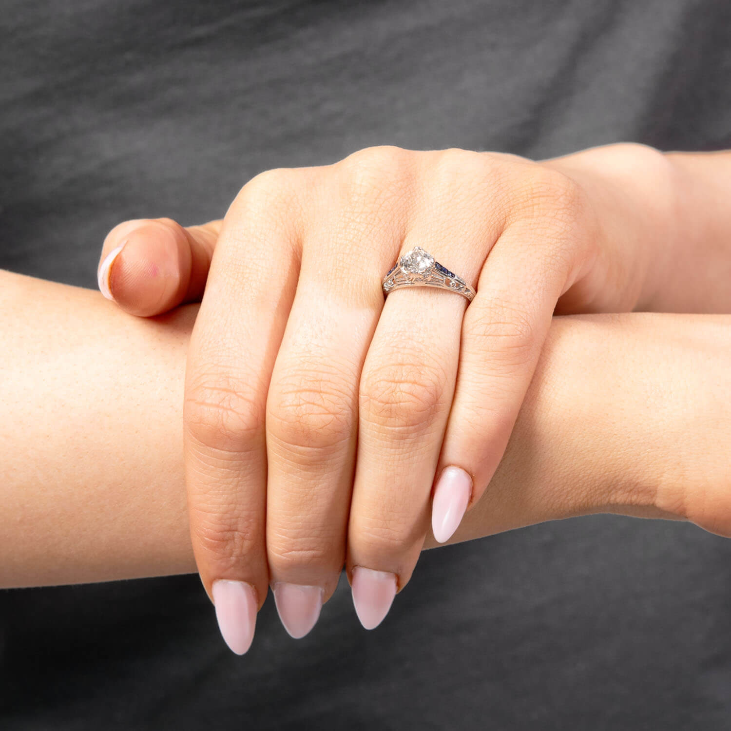 Art Deco Platinum Diamond Sapphire Engagement Ring