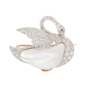 Edwardian 18k/Platinum Diamond, Pearl, and Ruby Swan Pin