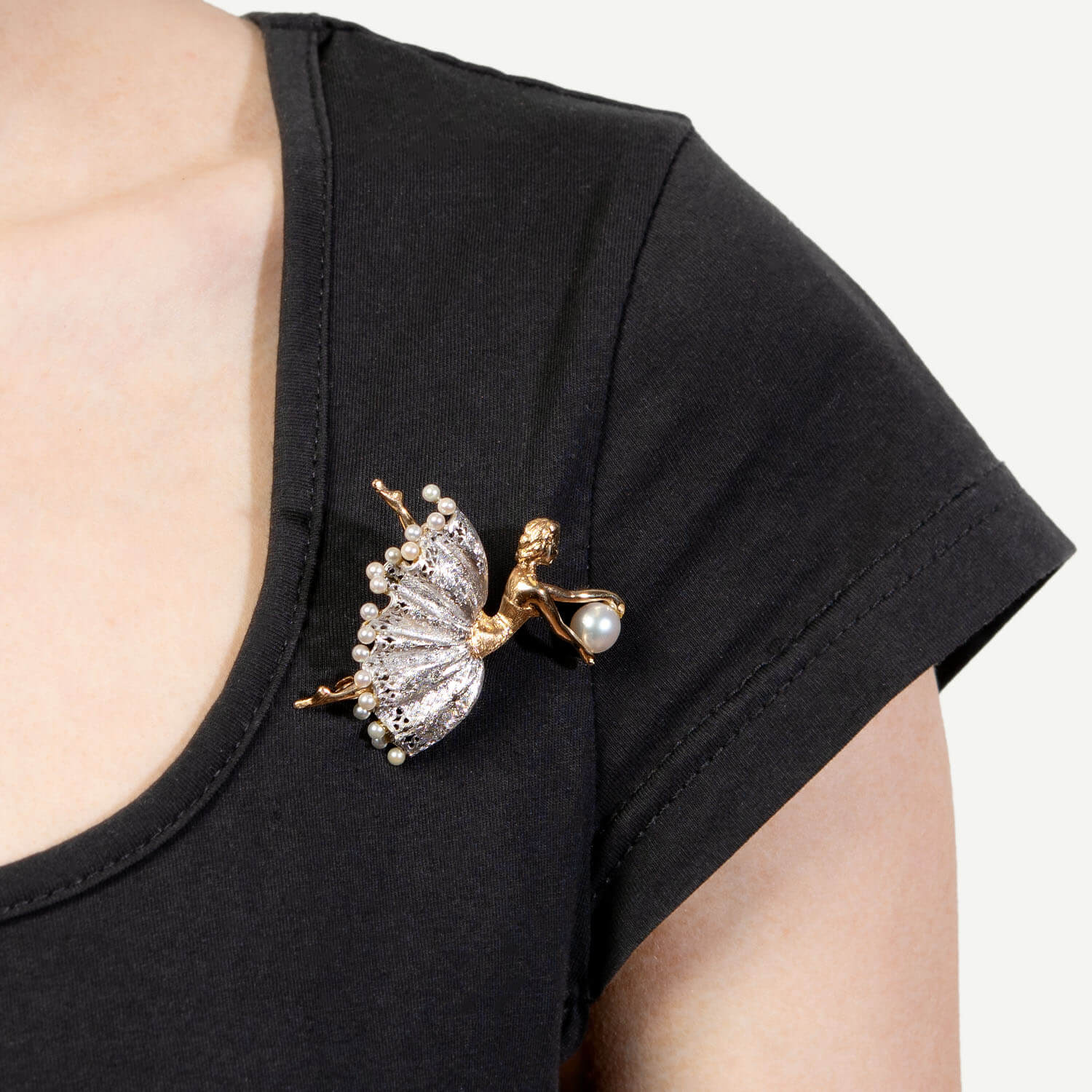 Retro 14k White/Yellow with Diamonds & Pearl Ballerina Pin